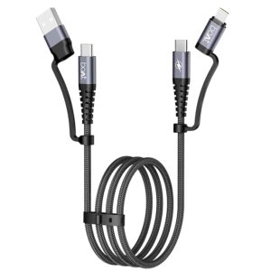FlexiCharge 400 Charging Cable w/ 4-in-1 Connectivity- USB-A, Type-C, & Lightning Ports, 60W/3A PD Fast Charging,480Mbps Data Sync,2 Swappable Heads,Silicon Cable Tie(Carbon Black)