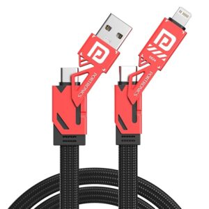 Procharge 4 60W 4-In-1 Multifunctional Fast Charging Cable With Multiple Port & Metal Zinc Alloy Head, Tangle Free Flat Cable, Type C to Type C/Lightening, USB A, Fast Data Sync (Red+Black)