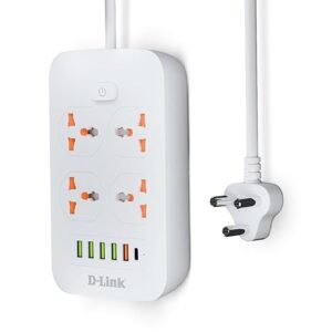 Power Strip with 4 Universal Sockets with Child Security + 5 USB Ports + 1 Type-C Port, High Temperature Fuse Protector, 1500W with 2 Meter Cable