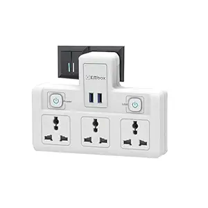 Multi Plug Socket with Type C Port Individual Switch-Cordless Extension Board with 2 Sockets 2 USB A & 1 USB C Slot (2.4A-Direct Plug)-3 Pin Multiplug with Safety Shutter Protection-2500W