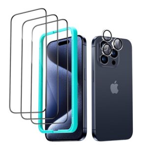 3+1 Pack for iPhone 15 Pro Max Screen Protector Set, 3 Tempered Glass Screen Guards and 1 Set Individual Lens Protectors, 2.5D Curved Edges, Full-Coverage Protection, Scratch Resistant-002