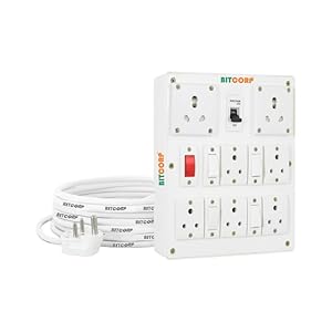 Junction Box with MCB, 7 Socket 4 Switch, 2500W 6A 16A Plug Box Spike Buster with Surge Protector, 2 Meter Extension Cable Power Cord for Home, Office, Cooler, Fridge, AC (White) 220V