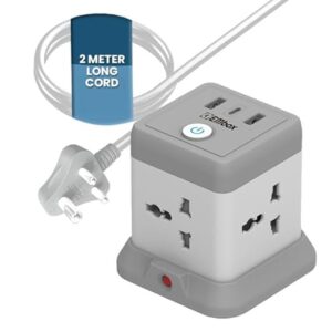 Cube Extension Board with USB Port Universal Sockets and USB (2.4 A) (QC 3.0) Extension Board with Switches Overload Protector, Indicator, 2 Meter Extension Cord