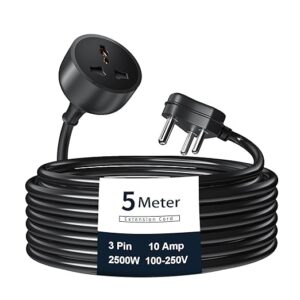 Extension Board with 5 Meter Heavy Duty Long Wire Cord, Single Outlet Socket 2500W 10A Expandable Electric Extension, 3 pin Extension Cord, (5M / Black)-1Pcs