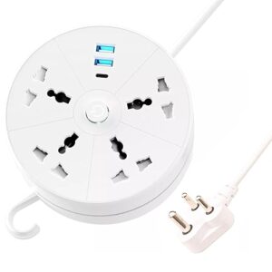 Rotary Extension Board with USB C USB A Extension Board with Switches Universal Sockets LED Indicator-5 mtr Extension Cord, Multi Plug Socket with Safety Shutter(4 Sockets + 3USB Retractable)