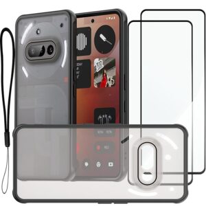 2x Screen Protector + Case for Nothing Phone 3A Protection Matte Acrylic Protect Camera Phone Lanyard Tempered Glass Film, Cover Black