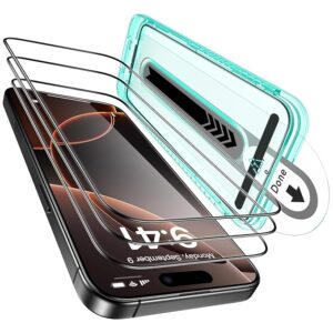 3 Pack for iPhone 16 Pro Tempered Glass Screen Protector Guard, 9H Hardness, Military Grade Shatterproof, Full Coverage Film with Flawless Fit Tray, HD Clear, Scratch Resistant
