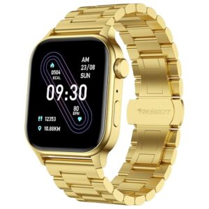Rise Luxe Stainless Steel Luxury, 47mm (1.85) Display Bluetooth Calling, Rotating Crown, AI Voice Assistant, 120 Sports Modes, Neon UI, Stainless Steel Straps, SpO2 (Gold)