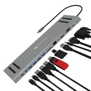 Mport 13C Thunderbolt 3.0 USB C Hub (13-in-1), Type C Docking Station with 4K HDMI, 3 x Type C, 4 x USB 3.0, Ethernet, VGA, SD / microSD Cards for Laptop, MacBook, PC and Other Type C Devices (Grey)